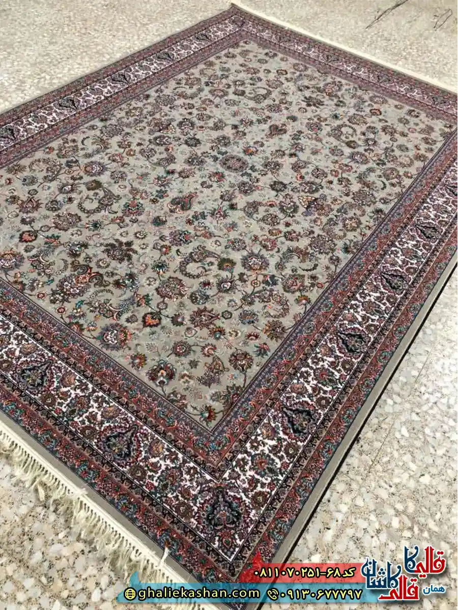 فرش کلاسیک 700 شانه طرح افشان گلریز رنگ طوسی فیلی کاشان اصلی