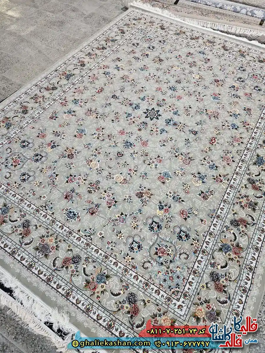 فرش کلاسیک 700 شانه طرح افشان گیلدا رنگ طوسی فیلی حاشیه فیلی کاشان اصلی