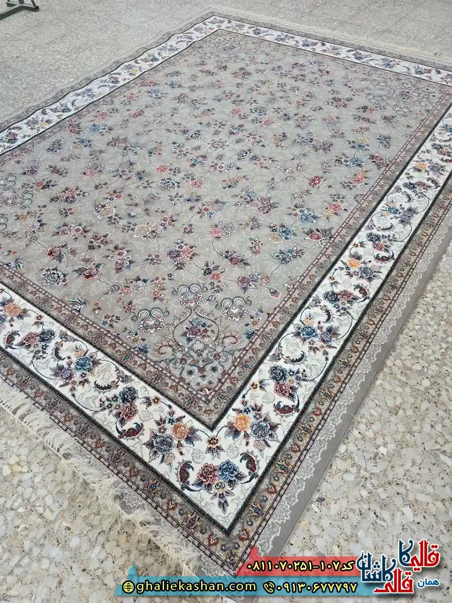 فرش کلاسیک 700 شانه طرح افشان گیلدا رنگ طوسی فیلی کاشان اصلی