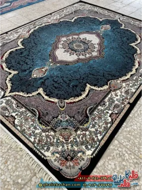 فرش کلاسیک 700 شانه طرح تاج محل رنگ سرمه ای مشکی کاشان
