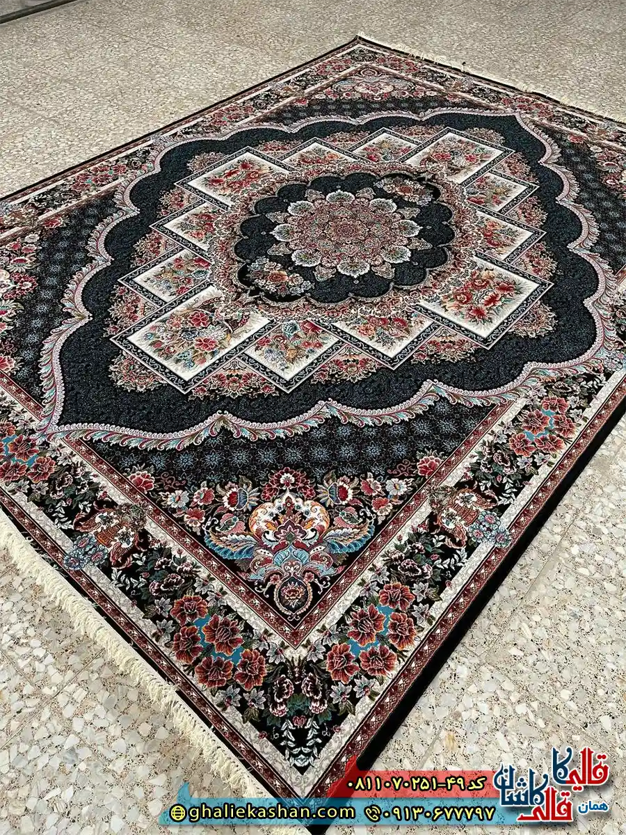 فرش کلاسیک 700 شانه طرح ناردون رنگ سرمه ای مشکی کاشان اصلی
