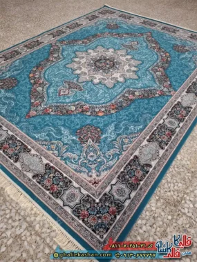 فرش کلاسیک 700 شانه طرح کارینا رنگ آبی کاشان