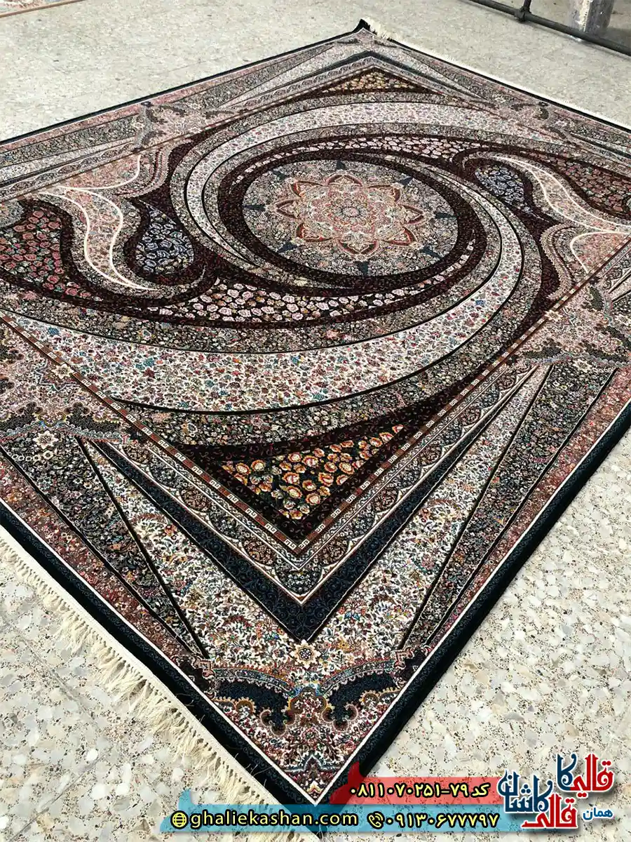 فرش کلاسیک 700 شانه طرح کهکشان رنگ سرمه ای مشکی کاشان اصلی
