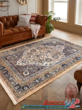 فرش وینتیج سنتی 1000 شانه طرح شاه گل مشهد رنگ بژ قهوه ای کاشان