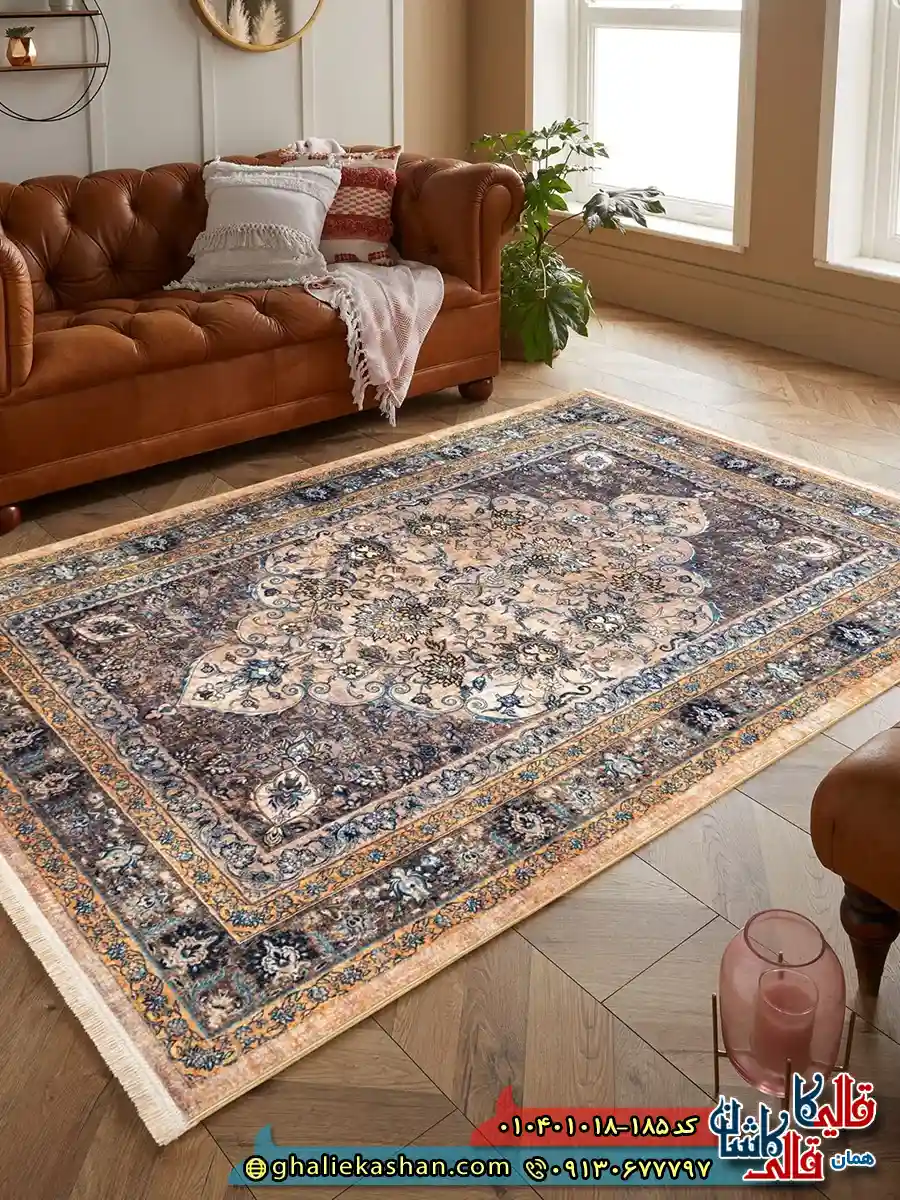 فرش وینتیج سنتی 1000 شانه طرح شاه گل مشهد رنگ بژ قهوه ای کاشان دکوراسیون