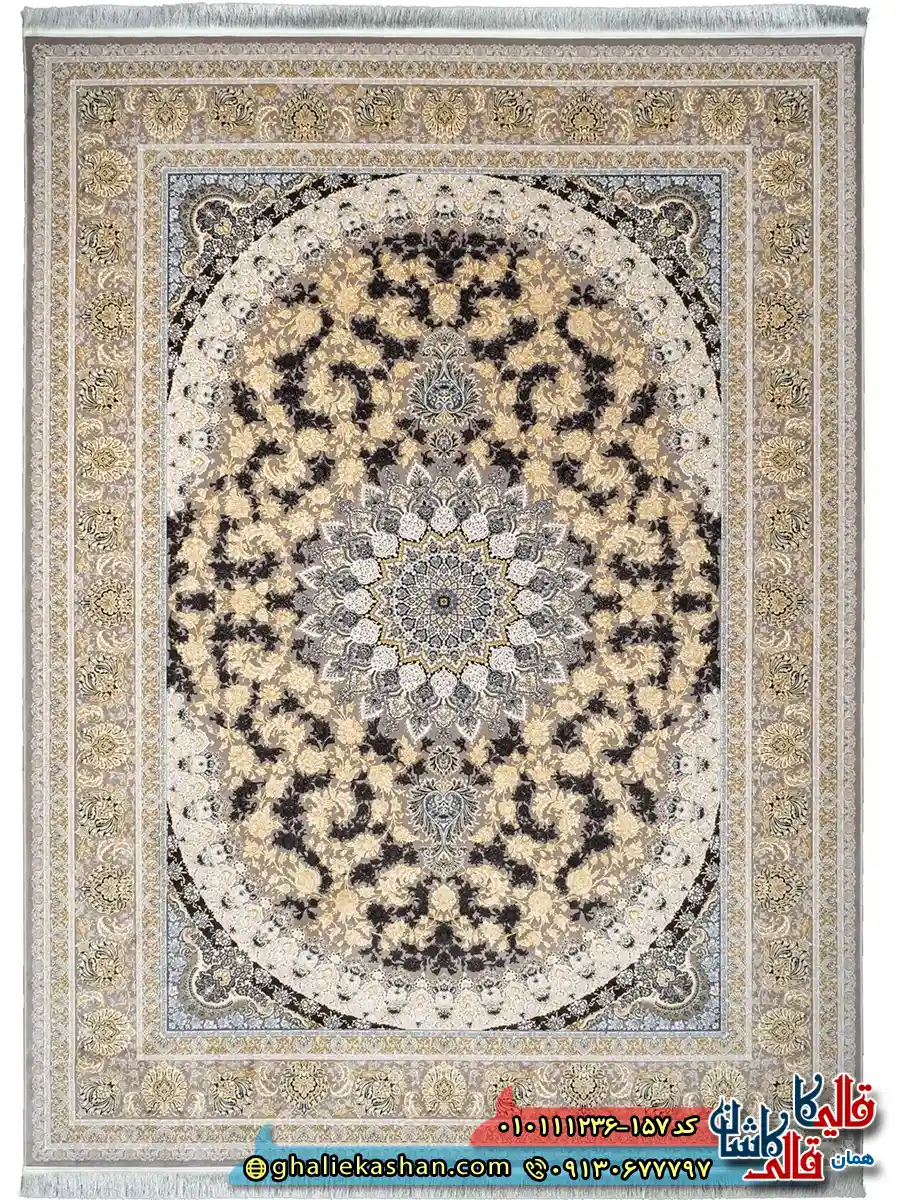 فرش کلاسیک 1200 شانه طرح سالار زمینه طوسی سیلور گل برجسته کاشان اصلی