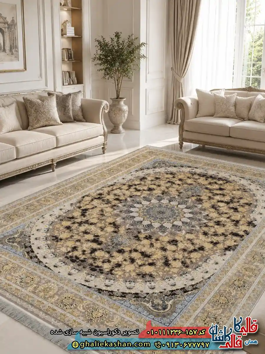 فرش کلاسیک 1200 شانه طرح سالار زمینه طوسی سیلور گل برجسته کاشان دکوراسیون