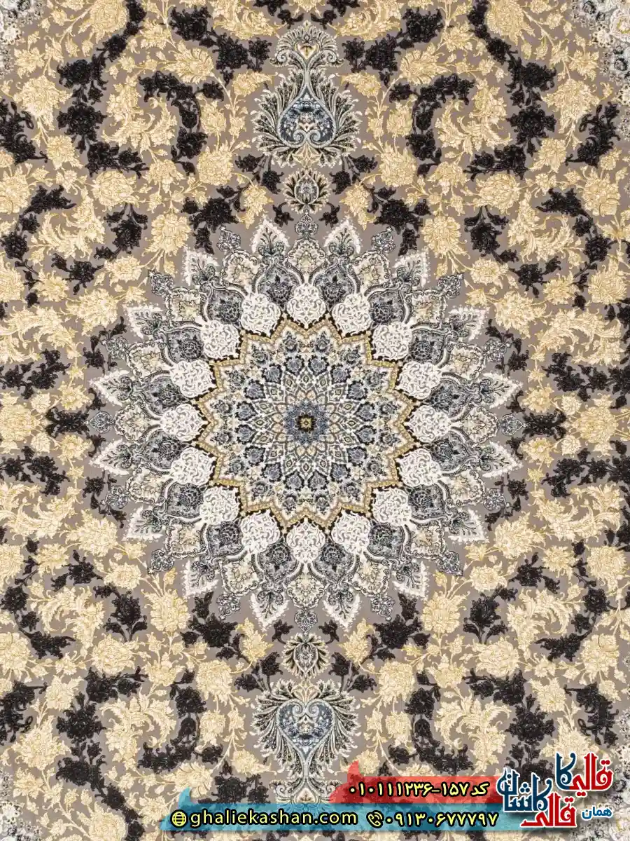فرش کلاسیک 1200 شانه طرح سالار زمینه طوسی سیلور گل برجسته کاشان زمینه