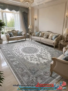 فرش کلاسیک 700 شانه طرح ترنج نایین رنگ کرم کاشان
