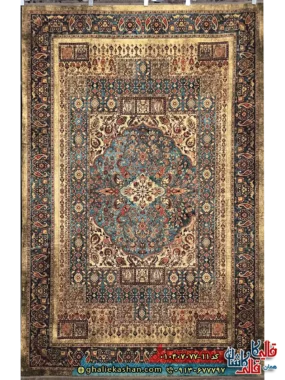 فرش کلاسیک 700 شانه طرح ترکان رنگ کرم آبی کاشان اصلی