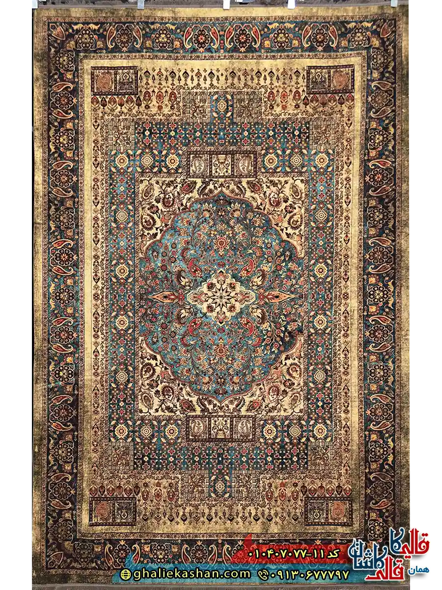 فرش کلاسیک 700 شانه طرح ترکان رنگ کرم آبی کاشان اصلی