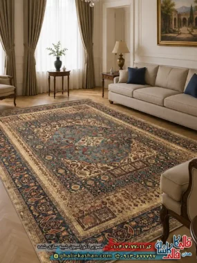 فرش کلاسیک 700 شانه طرح ترکان رنگ کرم آبی کاشان