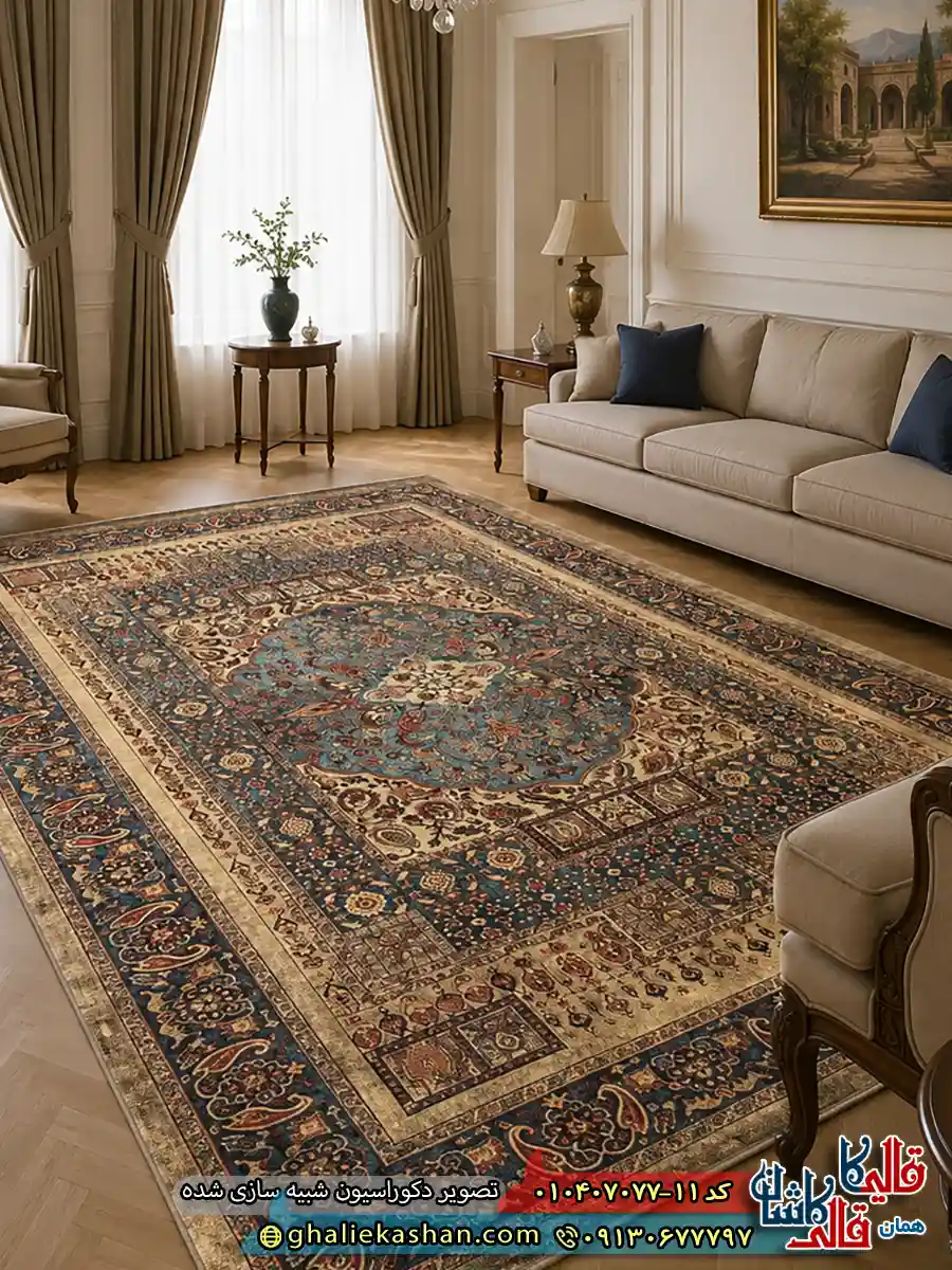 فرش کلاسیک 700 شانه طرح ترکان رنگ کرم آبی کاشان دکوراسیون فرش کلاسیک 700 شانه طرح ترکان رنگ کرم آبی کاشان دکوراسیون