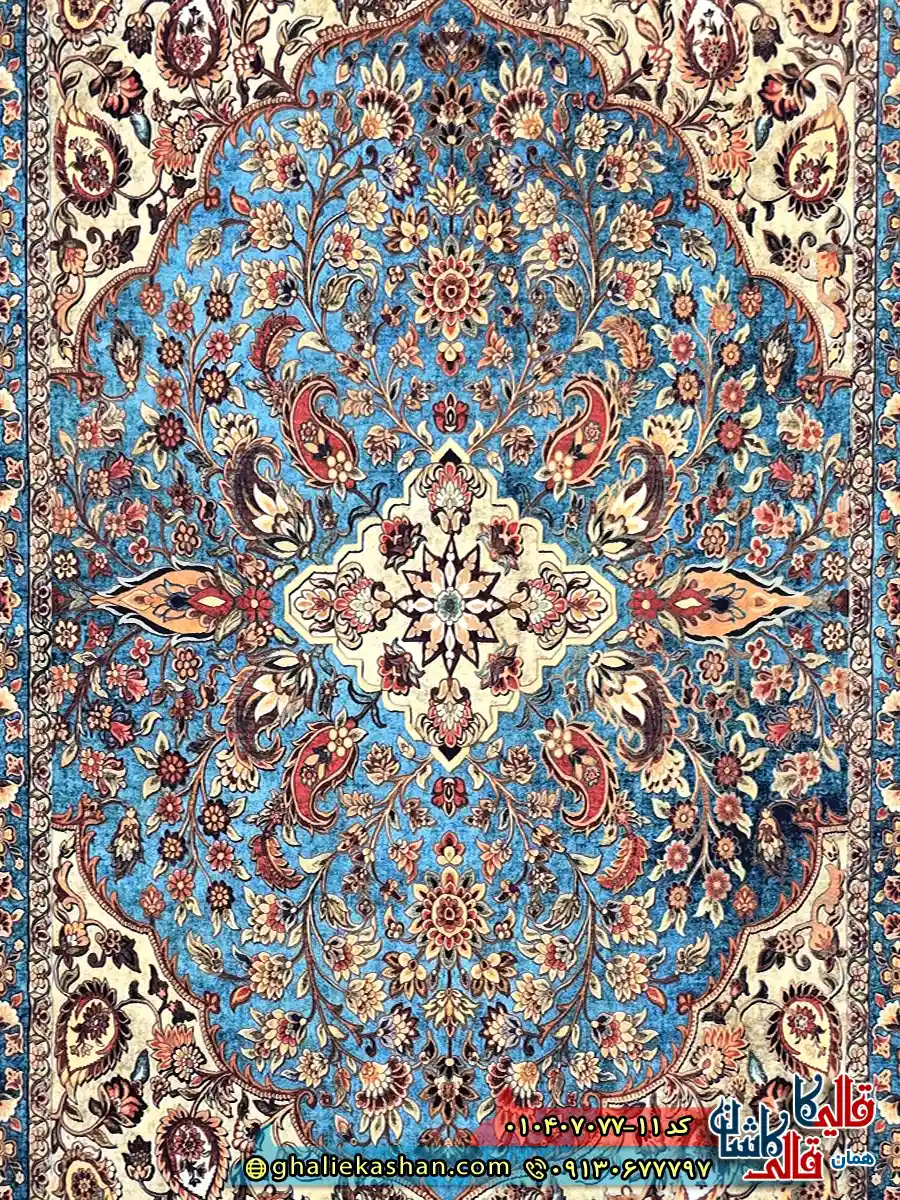 فرش کلاسیک 700 شانه طرح ترکان رنگ کرم آبی کاشان زمینه
