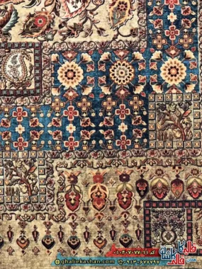 فرش کلاسیک 700 شانه طرح ترکان رنگ کرم آبی کاشان نزدیک