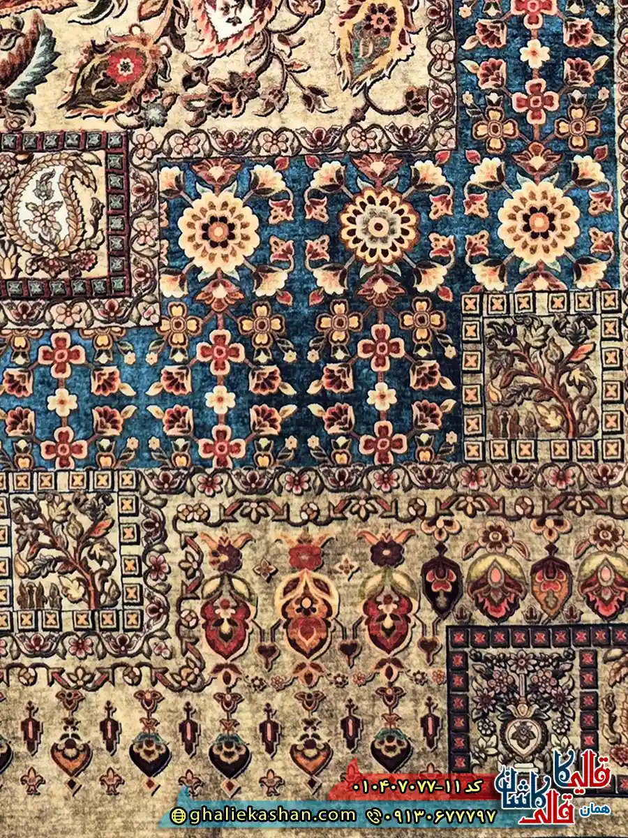 فرش کلاسیک 700 شانه طرح ترکان رنگ کرم آبی کاشان نزدیک