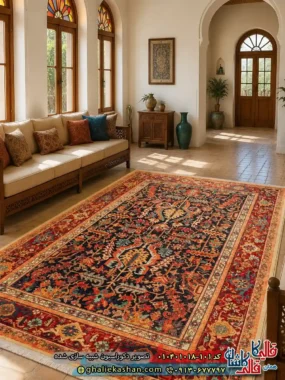 فرش وینتیج  سنتی 1000 شانه طرح افشان هراتی درختی رنگ مشکی قرمز کاشان