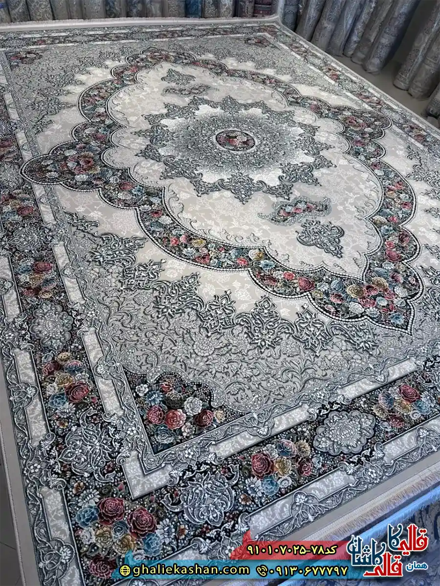 فرش کلاسیک 700 شانه طرح آروانا رنگ طوسی کرم کاشان اصلی