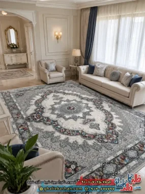 فرش کلاسیک 700 شانه طرح آروانا رنگ طوسی کرم کاشان