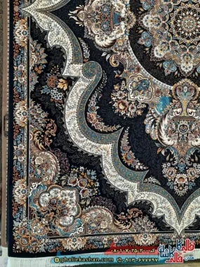 فرش کلاسیک 700 شانه طرح شهیاد رنگ سرمه ای مشکی کاشان حاشیه