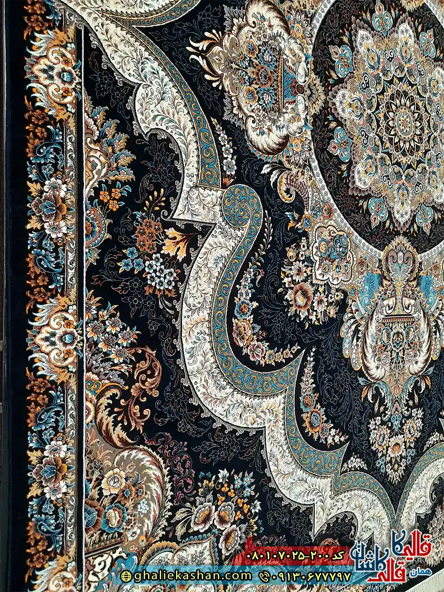 فرش کلاسیک 700 شانه طرح شهیاد رنگ سرمه ای مشکی کاشان نزدیک