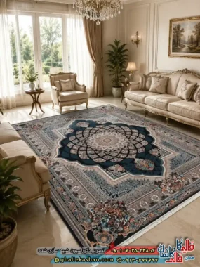 فرش کلاسیک 700 شانه طرح لوکس رنگ سرمه ای کاشان