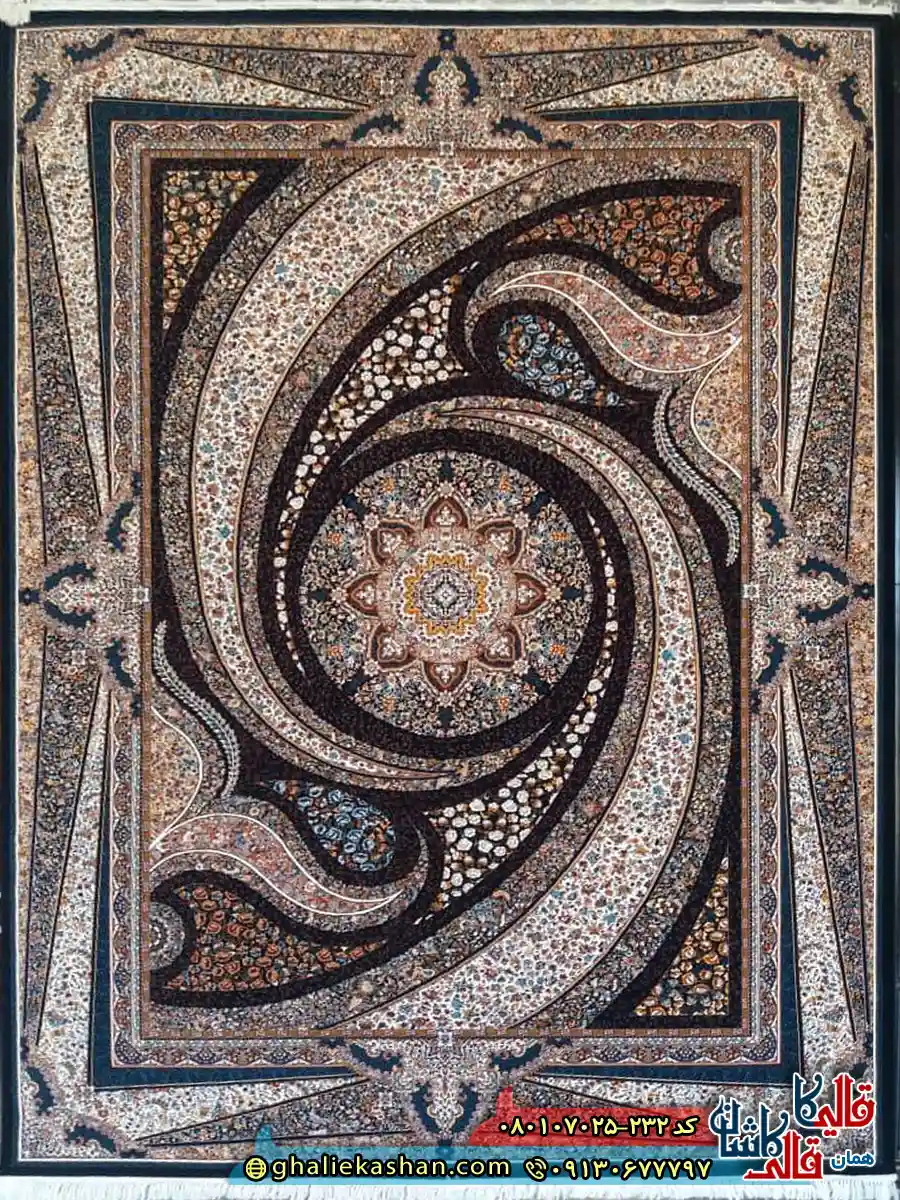 فرش کلاسیک طرح کهکشان رنگ سرمه ای مشکی کاشان اصلی