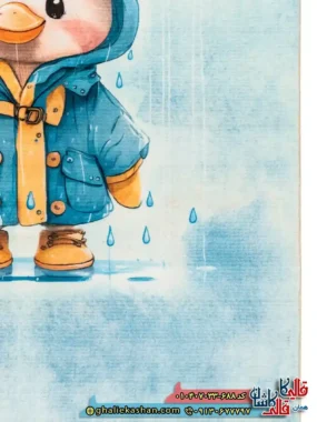 فرش کودک پسرانه 700 شانه طرح اردک و باران رنگ آبی کاشان حاشیه
