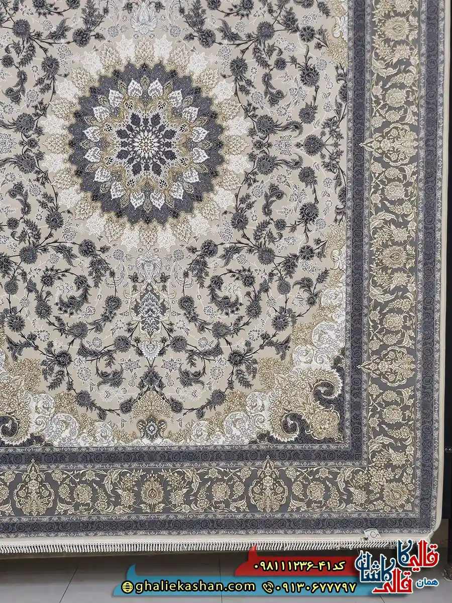 فرش طلاکوب 1200 شانه طرح شاهکار اصفهان رنگ کرم گل برجسته کاشان حاشیه