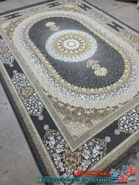 فرش طلاکوب 1200 شانه طرح صدرا رنگ مشکی زغالی گل برجسته کاشان