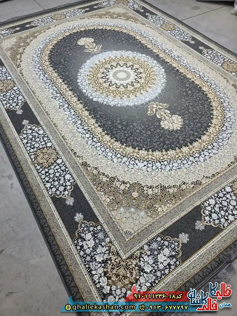 فرش طلاکوب 1200 شانه طرح صدرا رنگ مشکی زغالی گل برجسته کاشان اصلی