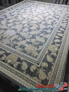 فرش طلاکوب 1200 شانه طرح افشان نگار رنگ طوسی نقره ای گل برجسته کاشان