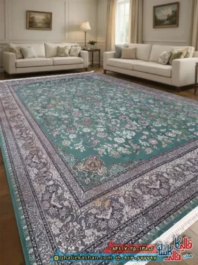 فرش وینتیج 700 شانه طرح افشان نیلی رنگ آبی کاشان