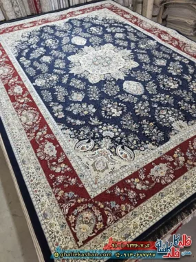 فرش کلاسیک 1200 شانه طرح شهداد رنگ سرمه ای حاشیه لاکی کاشان