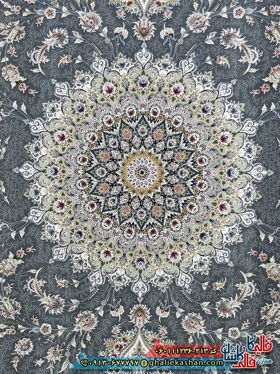 فرش 1200 شانه طرح بردیا رنگ طوسی دودی گل برجسته کاشان زمینه