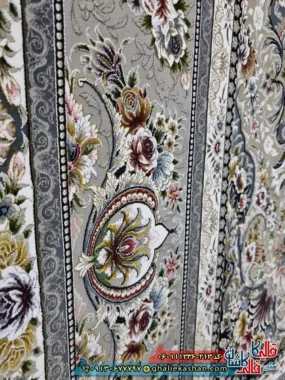 فرش 1200 شانه طرح بردیا رنگ طوسی دودی گل برجسته کاشان نزدیک