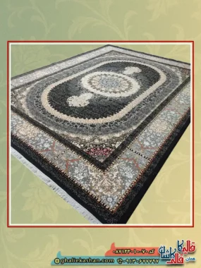 فرش ارزان طرح 700 شانه طرح صدرا رنگ مشکی سرمه ای کاشان اصلی