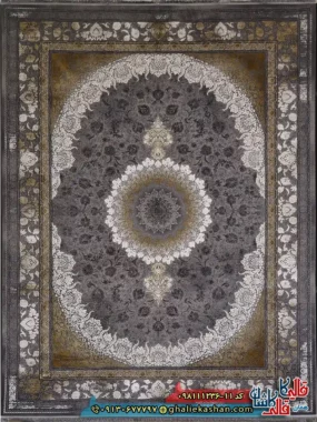 فرش طلاکوب وینتیج 1200 شانه طرح آنیسا رنگ طوسی دودی طلایی گل برجسته کاشان