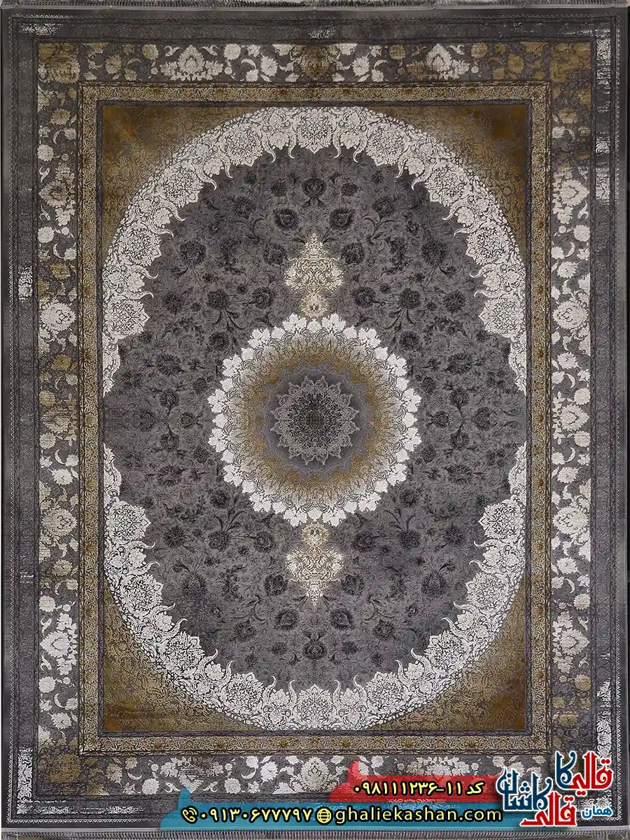 فرش طلاکوب وینتیج 1200 شانه طرح آنیسا رنگ طوسی دودی طلایی گل برجسته کاشان اصلی