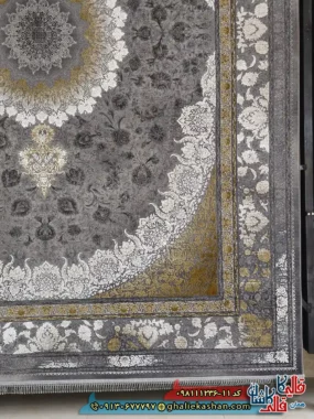 فرش طلاکوب وینتیج 1200 شانه طرح آنیسا رنگ طوسی دودی طلایی گل برجسته کاشان حاشیه
