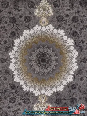 فرش طلاکوب وینتیج 1200 شانه طرح آنیسا رنگ طوسی دودی طلایی گل برجسته کاشان نزدیک
