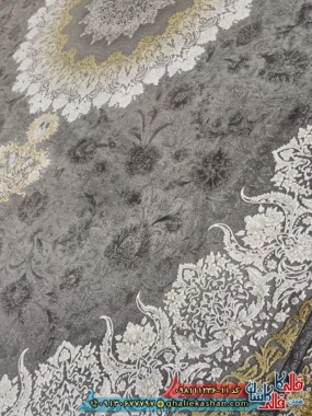 فرش طلاکوب وینتیج 1200 شانه طرح آنیسا رنگ طوسی دودی طلایی گل برجسته کاشان نزدیک