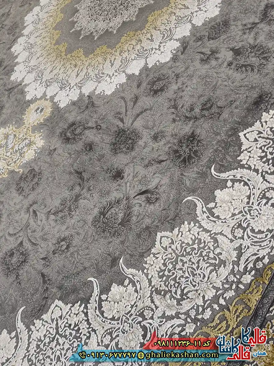 فرش طلاکوب وینتیج 1200 شانه طرح آنیسا رنگ طوسی دودی طلایی گل برجسته کاشان نزدیک